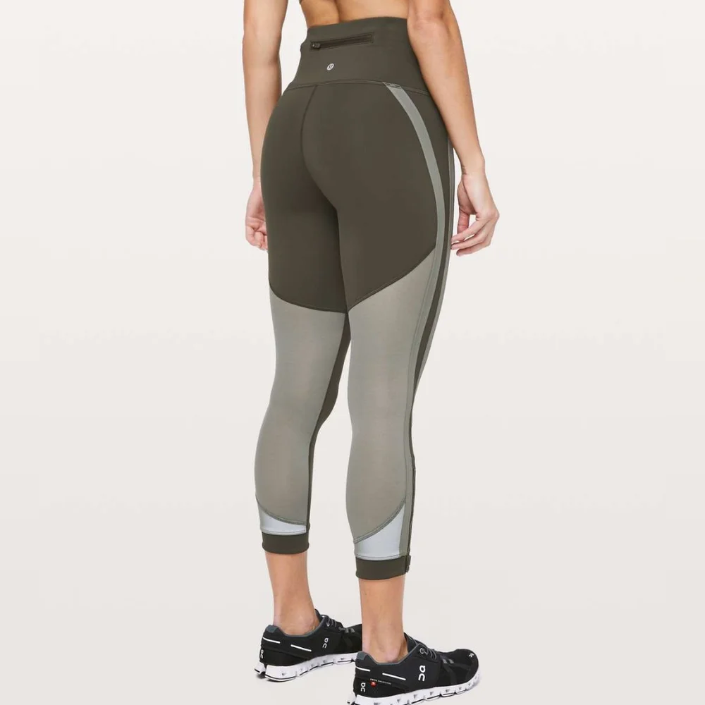 Lululemon Zip The Line Crop Leggings in Dark Olive / Grey Sage